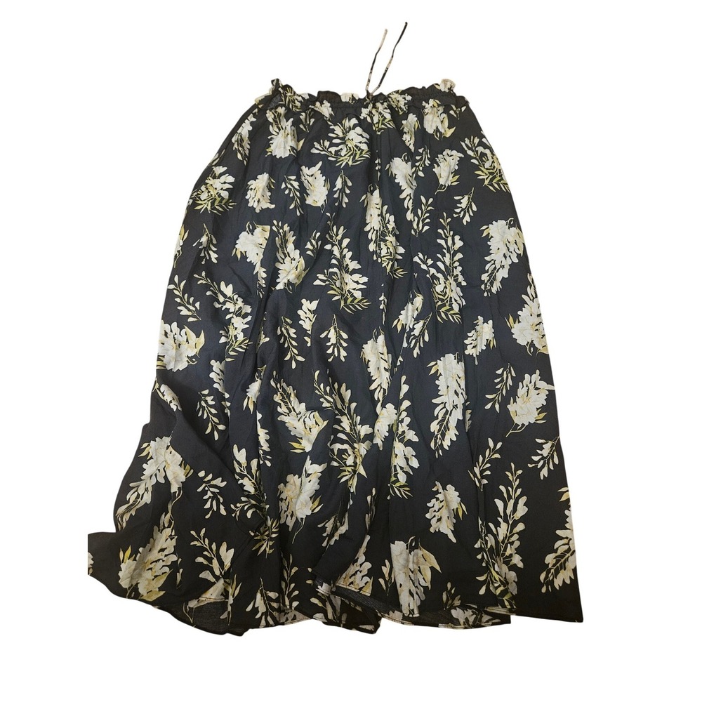 HM Black Floral‎ Midi Skirt Elastic Waist Drawstring Botanical Print Medium